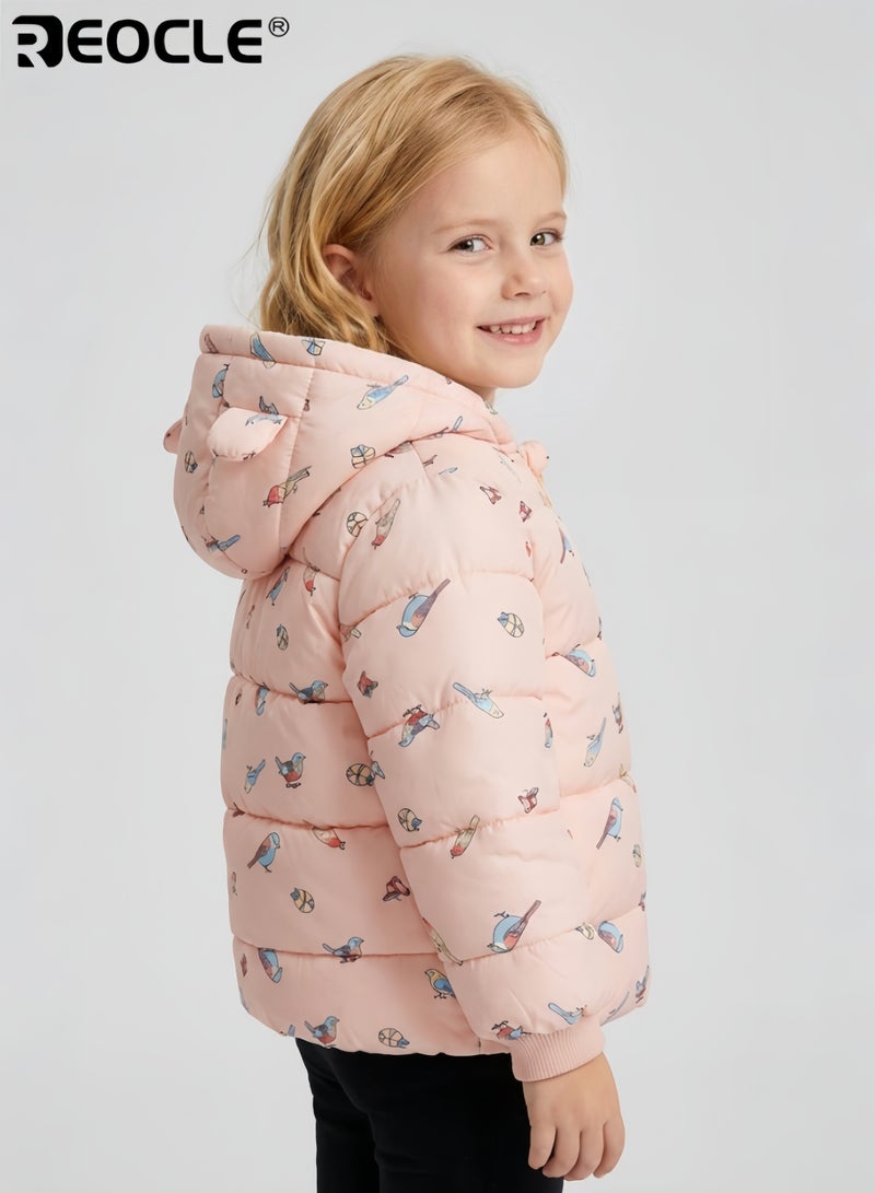 REOCLE Kid's Winter Coat with Bird Design and Thickened Warmth Boy Girl Padded Jacket with Plush Trim for Cold Weather Wear - Image 2